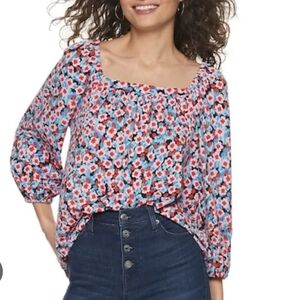 Popsugar Square Neck Off-Shoulder Floral Blue/Pink/Red Cottagecore Summer